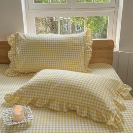 Yellow Ruffled Plaid Gingham Queen Size Pillow Shams 20"x30", Set of 2 Taupe Checked Pre-Washed Microfiber Farmhouse Pillowcases for Bed/Sofa (20"x30", Yellow Gingham)