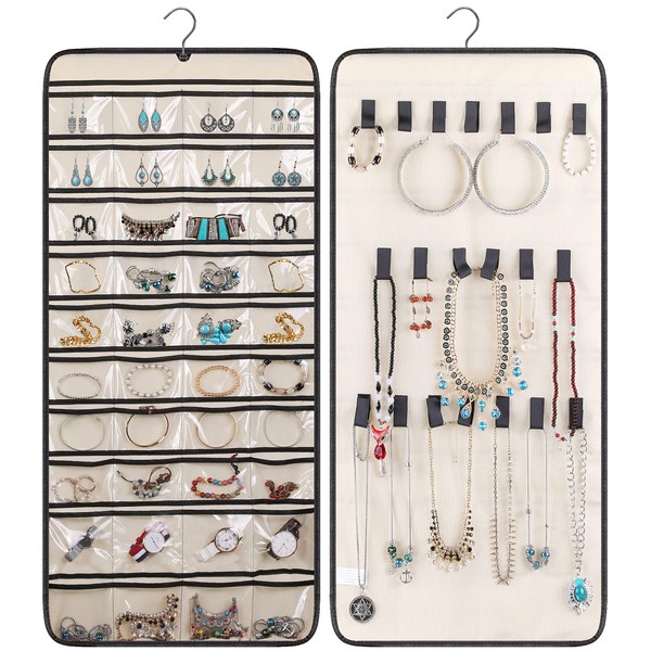 MISSLO Dual-sided Hanging Jewelry Organizer with 40 Pockets and 20 Hook & Loops Closet Necklace Holder for Earring Bracelet Ring Chain with Rotating Hanger, Beige