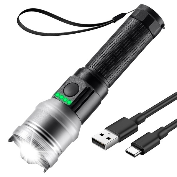 Flashlight Rechargeable 10000 High Lumens, Super Bright Flashlight Zoomable, Compact