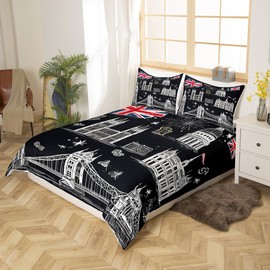 Feelyou Girls Big Ben Comforter Cover Boys Chic London Bridge Bedding Set Retro UK Theme Duvet Cover for Children Kids Women Red England Telephone Booth Bedspread Cover Black Room Decor Twin Size