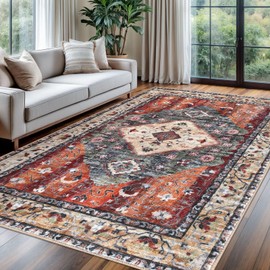 KOZYFLY Boho Area Rug 6x9 Ft Rugs for Living Room Washable Bedroom Rug Non Slip Rugs for Living Room Rust Orange Printed Faux Wool Vintage Bedroom Rug Floor Carpet for Dining Room Living Room