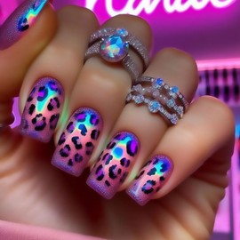 Medium Press on Nails Square Fake Nails with Design Purple Gradient Dazzle Leopard False Nails Artificial Glue on Acrylic Nails for Women 24 Pcs Nail Supplies