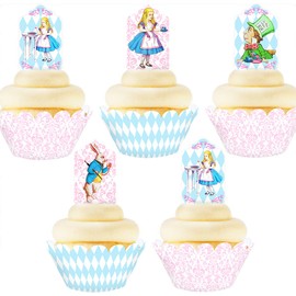 Alice In Wonderland Cupcake Toppers and Wrappers - 24 Toppers and 24 Wrappers - Alice in Wonderland Party Supplies - Mad Hatter Party Supplies - Tea Party Supplies - Classic Cupcake