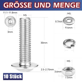 Dayalo Screw Set, 10 Pieces M5 x 30 mm Rounded Head Allen Screws with Nuts and Washers, Stainless Steel A2 V2A, Threaded Screws Set, Stainless Steel Screws, Full Thread