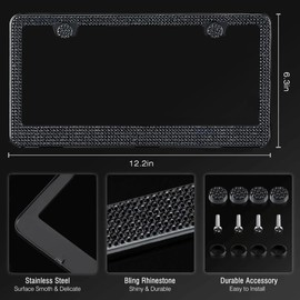BALUME Bling License Plate Frames 2PCS, Sparkly Stainless Steel License Plate Frames, Sparkly Rhinestone Diamond Car Accessories for Women,Party,Birthday,Xmas (Black)