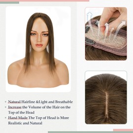 S-noilite Real Hair Topper Upgraded Silk Base Clip in Hair Topper Middle Part Human Hair Topper Top Hairpiece for Women with Hair Loss Thinning Hair 120% Density (6 Inch, Dark Brown)