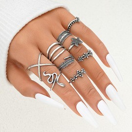 9 Pcs Vintage Silver Knuckle Ring Set for Women Boho Stackable Midi Finger Rings Dainty Twisting Snake Star Ring Pack Jewelry Gifts (Silver)