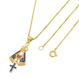 Tudo Jóias 18k Gold Plated Virgin Mary Pendant Cubic Zircon with Box Necklace 17.7 inches Made in Brazil for Women