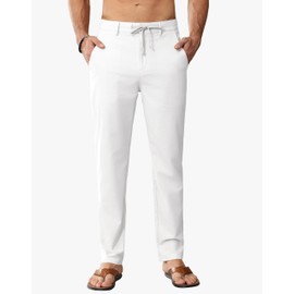JWM Linen Dress Pants for Men Summer Casual Beach Lightweight Comfy Trousers Travel Vacasion Pants with Zipper Pocket 30" 32" White