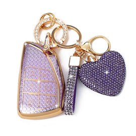 Simocky Key Fob Cover with Diamond Heart Keychain Car Key Shell Compatible with 2021-2024 Chevy Tahoe Suburban GMC Yukon Denali Silverado Buick Full Protector for Women (6 Buttons-Purple)