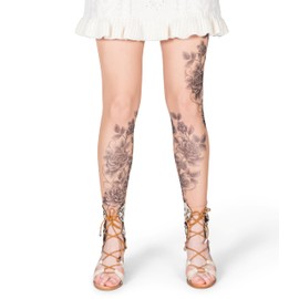 Wild Rose Ladies Grey Roses Tattoo Mesh Leggings, Tan, X-Large