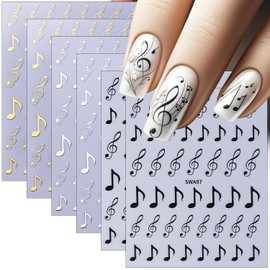 6 Sheets Musical Note Nail Stickers 3D Self Adhesive Music Nail Art Stickers Black Silver Gold Musical Notes Design Nail Decals for Women Girl DIY Nail Decoration
