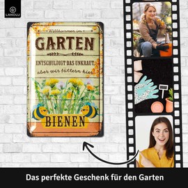LANOLU Retro Tin Sign Garden - Kein Unkraut, WIR FüTTERN Hier Bienen - Garden Signs for Outdoors, Signs for the Garden, Garden Signs, Funny Metal Signs Garden 20 x 30 cm