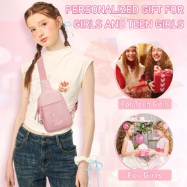 KKXIU Gifts for 6 7 8 9 10 11 12 Year Old Girls Initial Sling Bag Trendy Crossbody Fanny Pack for Teens, Pink, 5.7in x 8.1in x 1.7in, L