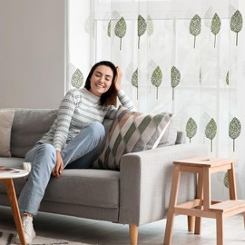 MIULEE Transparent Curtains with Green and White Leaves Pattern, Eyelet Curtains, 175 cm High, Modern Living Room Curtains, Set of 2, Embroidery Window Eyelet Curtain, Short, Bedroom Curtains