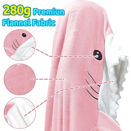 Shark Blanket Onesie for Adult - Super Soft Cozy Flannel Throw Wearable Hoodie, Cartoon Animals, Sleeping Bag Cosplay Costume - Gifts for Shark Lovers (Pink, 170CM)