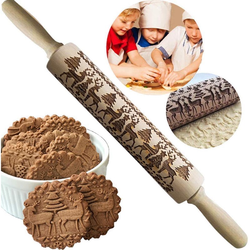 Christmas Wooden Rolling Pins, Xmas 3D Reindeer Shape Decor Embossing