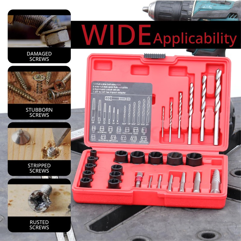 Pexwo 26-Piece Multi-size Bolt Extractor Set, Spiral Screw Extractor, Bolt