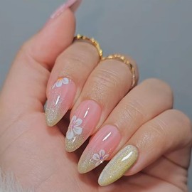 Light Green Press on Nails Almond Medium Fake Nails with White Flower Designs Cat Eye Press on Nails Reusable Shimmer Acrylic Nails Full Cover Glossy False Nails Stick on Nails for Women Girls 24Pcs