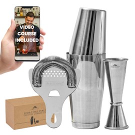 A Bar Above 4-Piece Cocktail Shaker Set, for Professional and Home Bar, Premium Bar Kit Gifts, Includes Strainer, Jigger, Shaker Set, and 4-Hour Cocktail Course