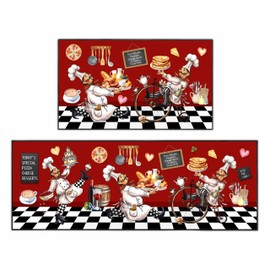SHUNLCD Chef Kitchen Decor Rug 2 Piece Set, Country Farmhouse Style Kitchen Floor Mat, Absorbent and Washable Runner Decorations Rug 17×30+17×47 Inches