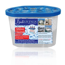 Dehumidifier with 230 g granules, up to 50 m² room size and 550 ml liquid absorbent, reusable