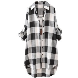 MaxWant Women's Plaid Shirt, Top, Large, Long, Thin, Spring, Summer, Coloring, Stylish, Casual, Body Cover, Black
