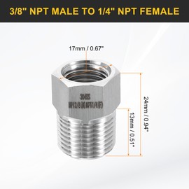 sourcing map 2pcs 304 Stainless Steel Reducer Bushing 3/8" NPT Male x 1/4" NPT Female Hex Bushings Pipe Fittings Reducing Cast Pipe Adapter for Air Water Oil Gas Tube