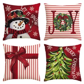 AVOIN colorlife Merry Christmas Let It Snow Joy Stripes Gift Box Red Throw Pillow Covers, 20 x 20 Inch Xmas Tree Holiday Cushion Case Decoration for Sofa Couch Set of 4