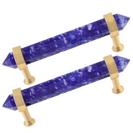 mookaitedecor Pack of 2 Brushed Brass with Blue Melting Quartz Double Crystal Dots Drawer Knobs Drawer Handles Cupboard Knobs for Cupboard Kitchen Handles