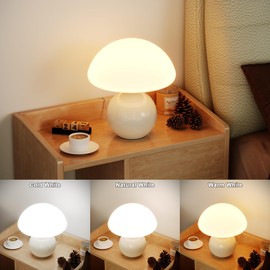 UEHICT Ceramic Mushroom Lamp, Cute Mini Bedside Lamp for Aesthetic Room Decor, Dimmable Small Glass Night Light for Bedroom Living Room, Vintage Unique Table Lamp for Nightstand, White Mushroom Light