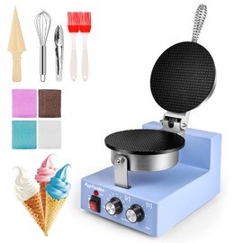 Popfoodex Commercial Waffle Cone Maker - 1200W Commercial Ice Cream Cone Maker w/ 8’’ Non-stick pan and 122–572°F Adjustable Temp, Waffle Cone Maker Machine w/Shaper Roller and Timer, for Restaurants