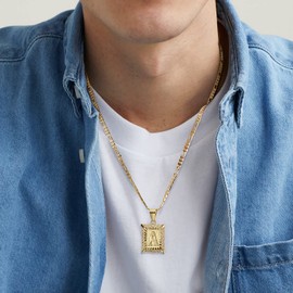 KissYan-Men's Initial Letter Pendant Necklace, 14K Plated Square Capital Monogram Necklace Al Abets From A Z Figaro Chain Necklace(Hollow Letter X) Gold