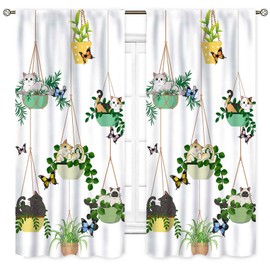 TKUYO - Cortinas de gato, rústico para colgar en maceta, plantas negras, gatito, encantadores gatos, estampado botánico, color verde salvia, para recámara, sala de estar, cocina, juego de 2 paneles,