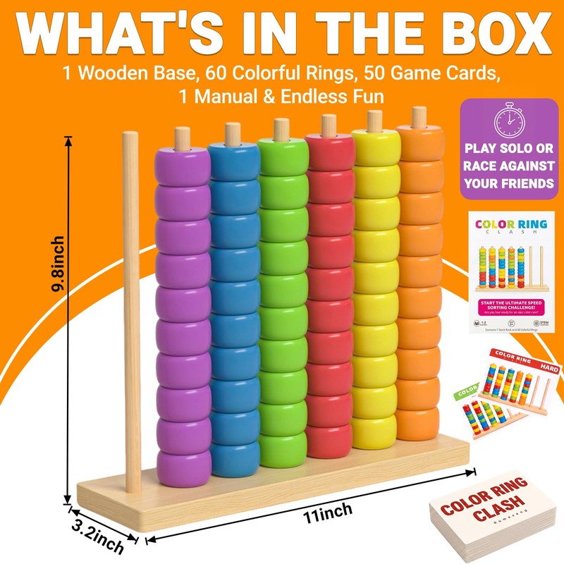 Color Match Challenge Game, Wooden Fast-Paced Pattern Matching Ring Stack