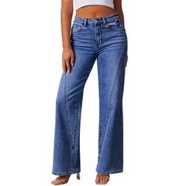 Pink Queen Women's Seamed Panel Patchwork Wide Leg Denim Pants High Rise Baggy Boyfriend Mom Trousers Jeans with Pockets Button Closure Dark Blue XL