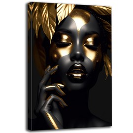 African Art Wall Decor Elegant African American Wall Art Black and Gold Leaf Women Portrait Print Painting Framed for Home Living Room Bedroom Decor