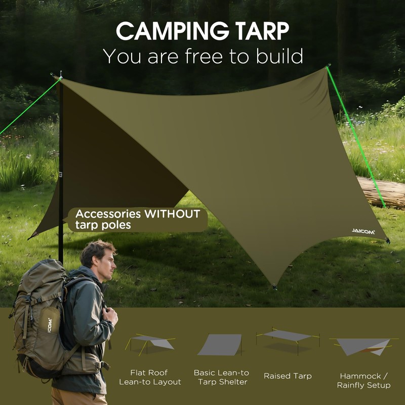 JAICOM Waterproof Hammock Rain Fly, Portable Camping Tarp - 12ft