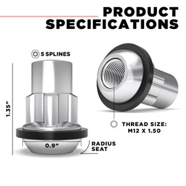 White Knight 40700SRAM Chrome M12x1.50 Thread Size Radius Seat w/Washer Socket Type Wheel Locks, 4 Pack