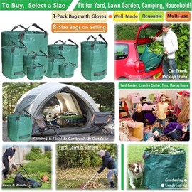 Professional 3-Pack 72 Gallon Patio Lawn Garden Bags Big (D26,H30 inch) Yard Waste Bags with Gardening Gloves, Reusable Leaf Bag,Yard Debris,Weeds Barrel,Grass Clippings,Garden Trimmings Bag 4 Handles