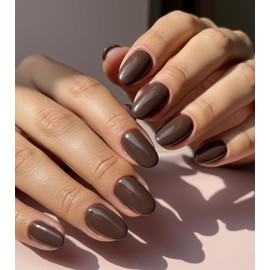 Morily Brown Press on Nails - Glossy Short Oval Fake Stick on Nails, Reusable Full Cover Artificial False Fingernails for Women, 24 Pcs in 12 Sizes