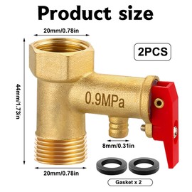 Safety Valve 1/2 Inch, Brass Safety Valve 0.9 MPa, 1/2 Inch Female Thread x 1/2 Inch Male Thread, Pressure Relief Valve for Water Heaters, Pressure Relief Valve with Seal Pack of 2