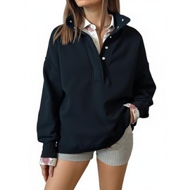 BLENCOT Sweatshirt for Women Quarter Button Pullover Long Sleeve Oversized Solid Collared Fall Sweaters Workout Winter Clothes Trendy Tops Black Large