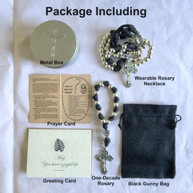 BJ BshuxiuJ Handcrafted Large Paracord Rosary Necklace for Men, Heavy Stainless Steel Beads, Rugged & Durable One Decade Catholic Rosary, Includes Miraculous Metal Box & Prayer Card (Black and White)
