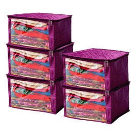 atorakushon Satin Fabric Foldable Garments Saree Blouse Cover Bag Pouch Closet Wardrobe Organizer With Clear Window Zipper Lock Pack of 5 (Purple)