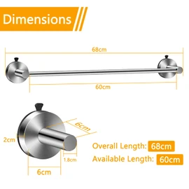 ANMEISH Suction Cup Towel Rail 60CM for Bathroom,SUS304 Stainless Steel Tea Towel Holder Wall Mounted,Single Vacuum Hand Towel Bar,Towel Rack No Drilling for Shower Kitchen (Silver)