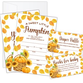 Zgogy Thanksgiving 25 Baby Shower Invitations with Envelopes, Diaper Raffle Tickets, Book Request Cards For Autumn Pumpkin Gender Reveal, Baby Shower Insert for Invitations, Party Favor-09