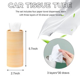 Gasedin 4 PCS Car Tissue Holder, Travel Tissues Packs Round Paper Napkins Container with Papers Inside, Paper Towel Cylinder Fits Automotive Cup Holder, Interior Car Accessories (Wood)