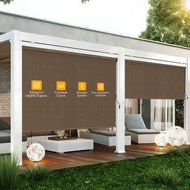 HOMEDEMO Outdoor Roller Shades for Patio, 8'W x 6' H(WxH) Mocha Roll up Shade for Outside，Sun Roller Shade Cloth Roll Blinds Cordless Waterproof for Porch Gazebo Pergola Balcony Backyard