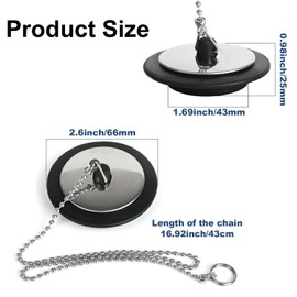 2 Pack Universal Sink Drain Plug 43mm Black Rubber Stopper with 40cm Stainless Steel Chain for Kitchen & Bathroom Sink Replacement